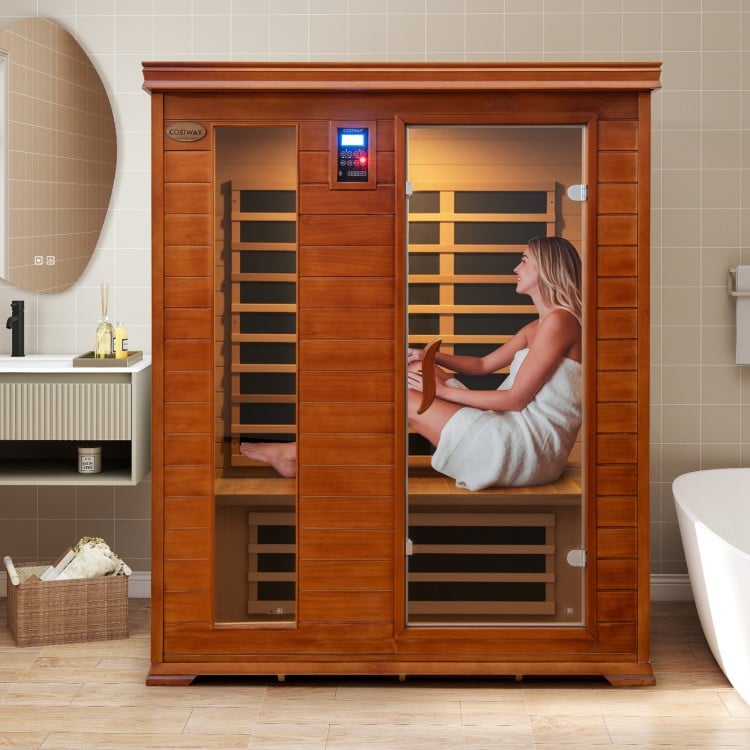3-person infrared sauna made of Canadian hemlock and red cedar wood, featuring dual control panels and carbon heaters.