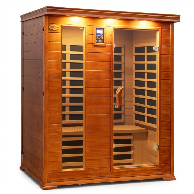3-person infrared sauna made of Canadian hemlock and red cedar wood, featuring dual control panels and 10 carbon.