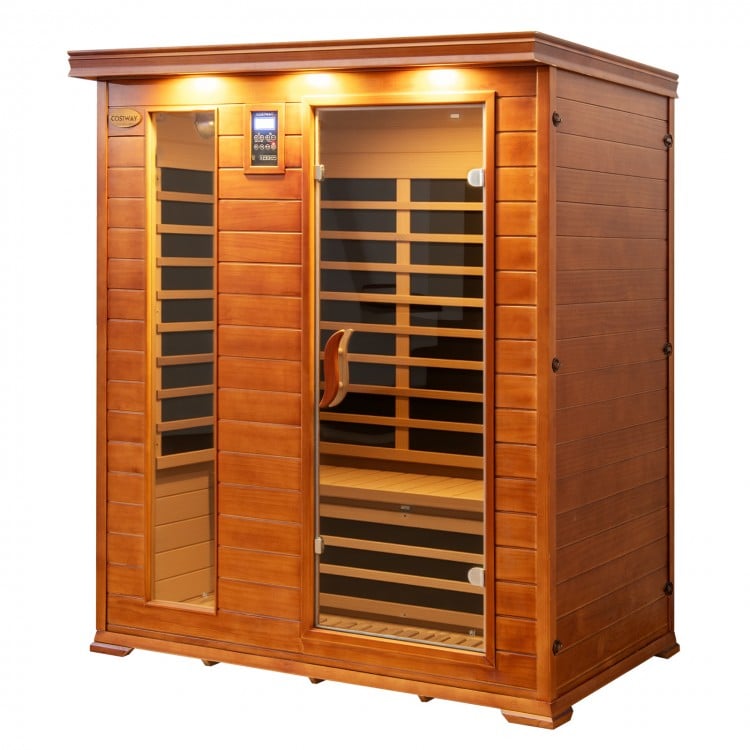 3-person infrared sauna made of Canadian hemlock and red cedar wood, featuring dual control panels and tempered glass.