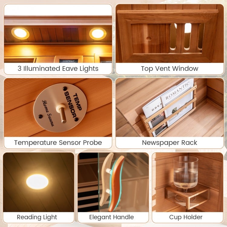 Interior view of the 3-person infrared sauna featuring a newspaper rack, cup holder, and illuminated eave lights.