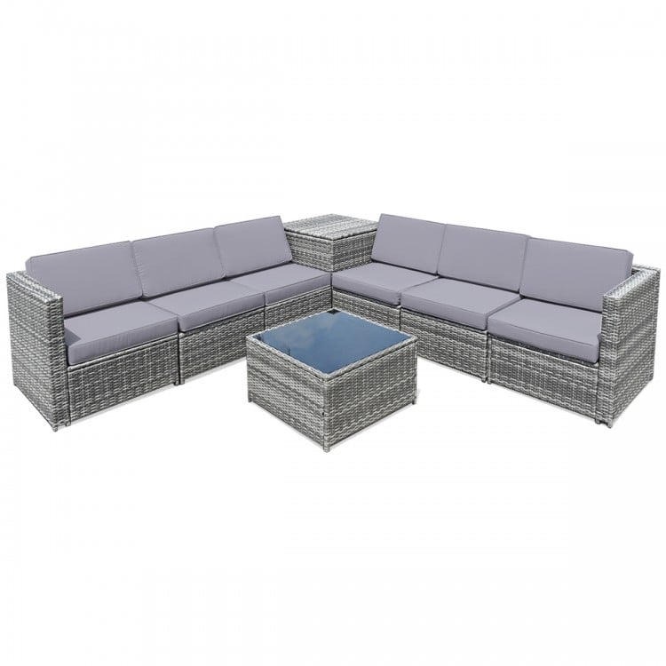 Gray 8-piece wicker sofa rattan dining set with storage table and cushions, ideal for indoor and outdoor use.