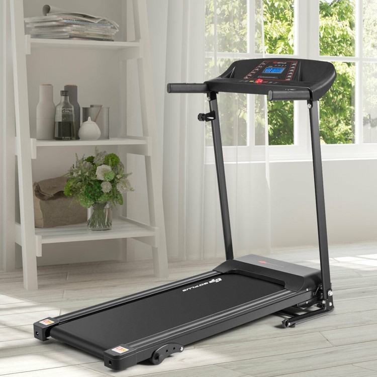 Compact foldable treadmill featuring an LCD screen, adjustable speed settings, and cushioning for comfortable indoor.