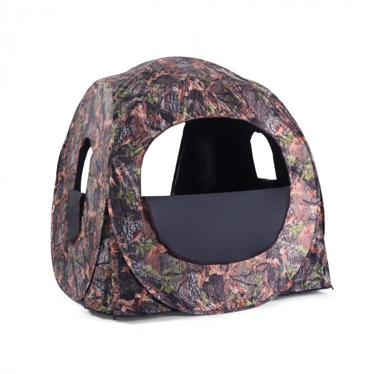 Portable pop-up ground camo blind hunting enclosure with shoot-through windows, lightweight design for 2-3 people.