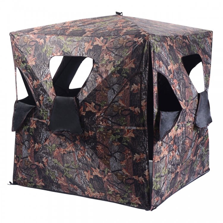 Portable deer hunting blind in camo design with shoot-through windows, ideal for 2-3 person capacity and quick setup.