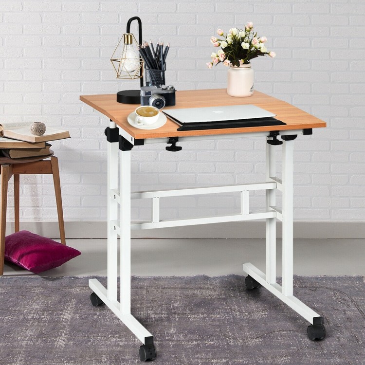 Height adjustable 2 in 1 sit-stand computer desk with a spacious surface, tilting design, and rolling wheels for easy.
