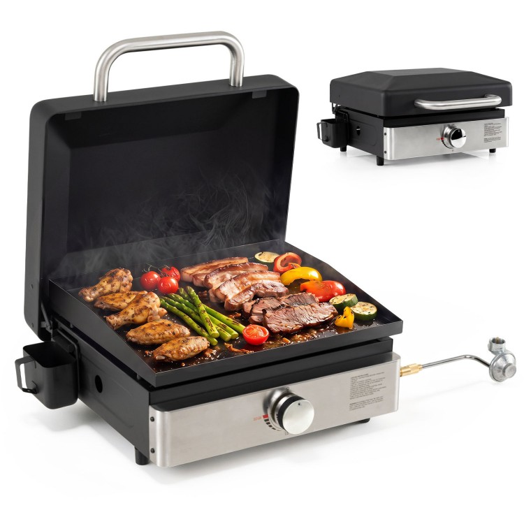 Portable 1-burner gas griddle with non-stick ceramic plate, ideal for outdoor cooking and easy cleanup.
