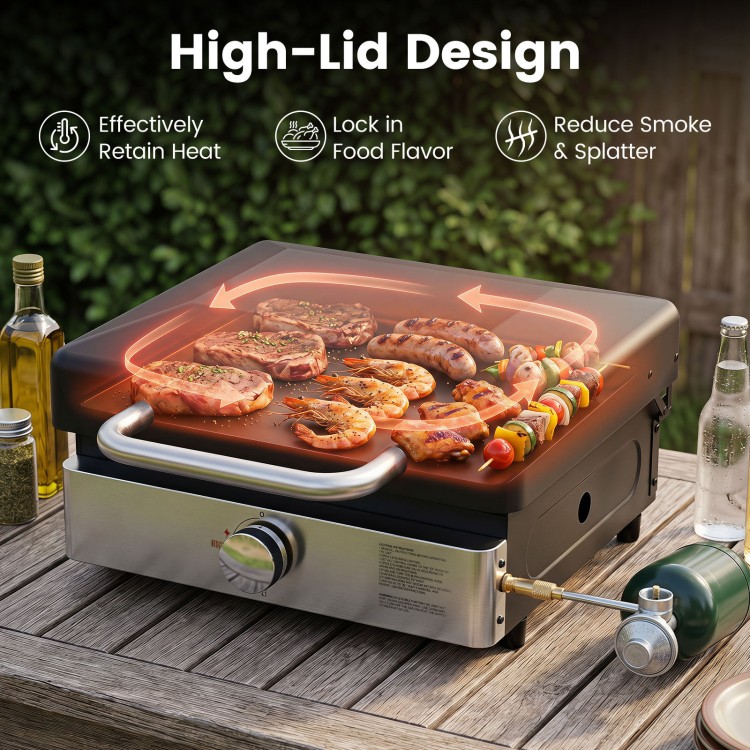Portable gas griddle with high lid design features a non-stick ceramic plate for even heating and easy cleanup.
