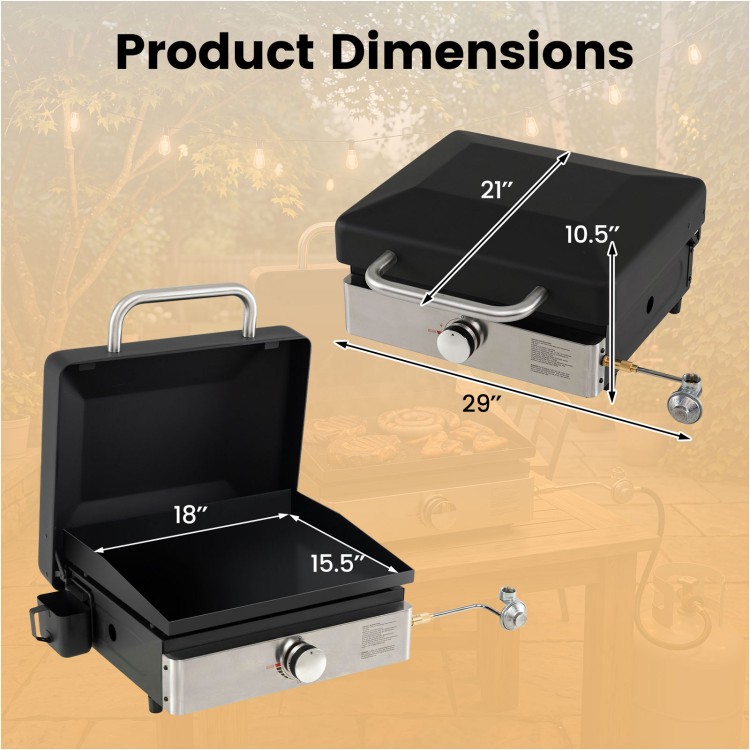 Portable gas griddle with lid features a non-stick ceramic plate, measuring 29 x 21 x 10.5 inches for outdoor cooking.