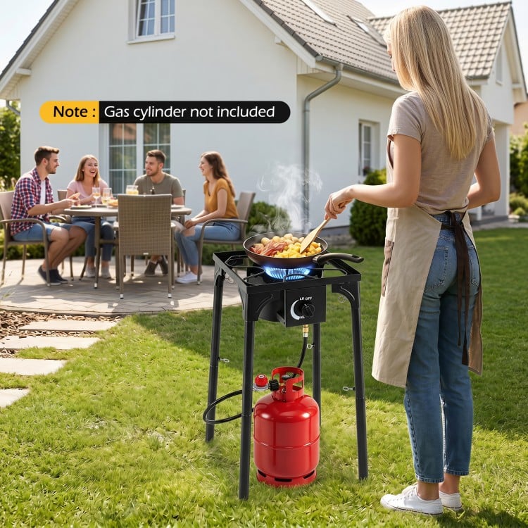 1 Burner propane stove with adjustable regulator and hose, ideal for outdoor cooking, camping, and BBQ gatherings.