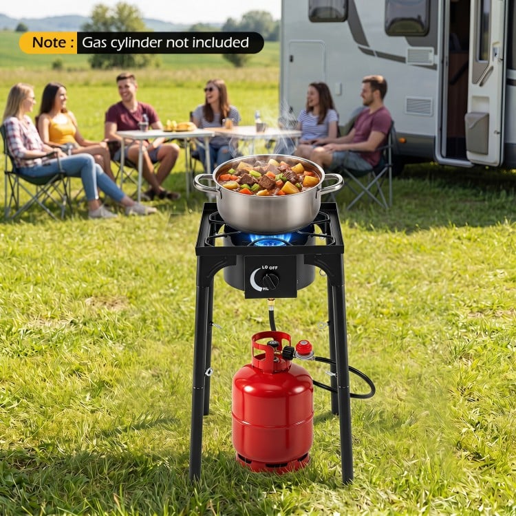1 Burner propane stove with 80000 BTU, adjustable regulator, and hose, perfect for outdoor cooking and camping meals.