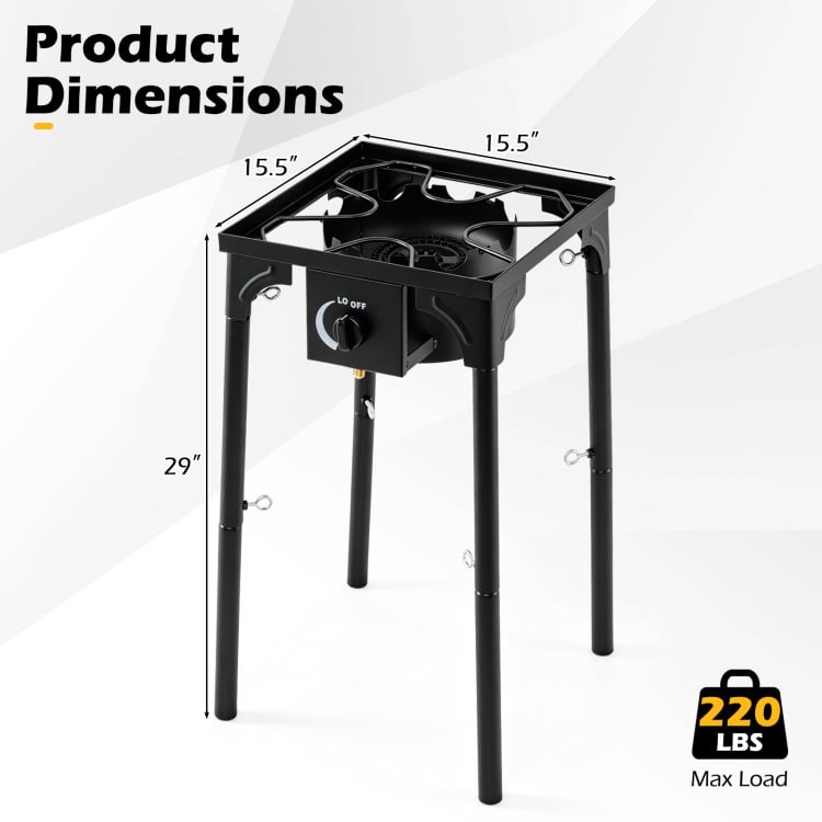 1 Burner propane stove with adjustable regulator, 80000 BTU output, and sturdy construction for outdoor cooking.