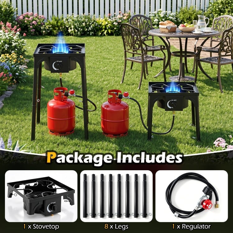 1 Burner propane stove with adjustable regulator and hose, featuring rugged construction for camping and BBQ cooking.