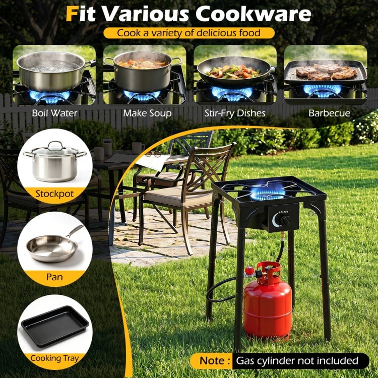 1 Burner propane stove in black with adjustable regulator and hose, perfect for outdoor cooking and camping meals.