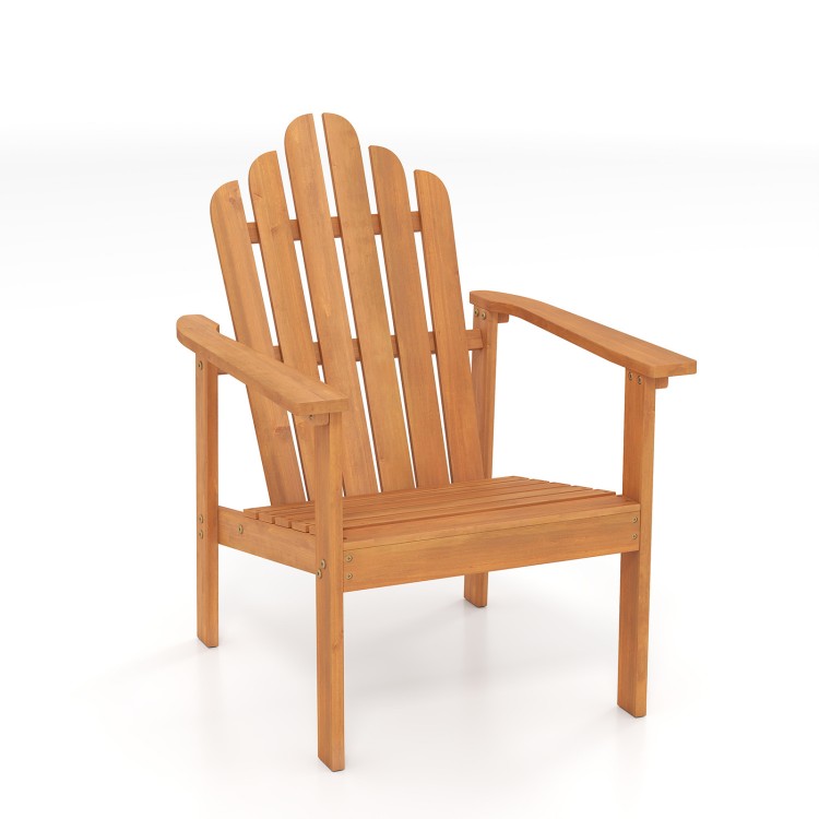Stackable Adirondack chair made of solid acacia wood, perfect for patio relaxation and outdoor seating.