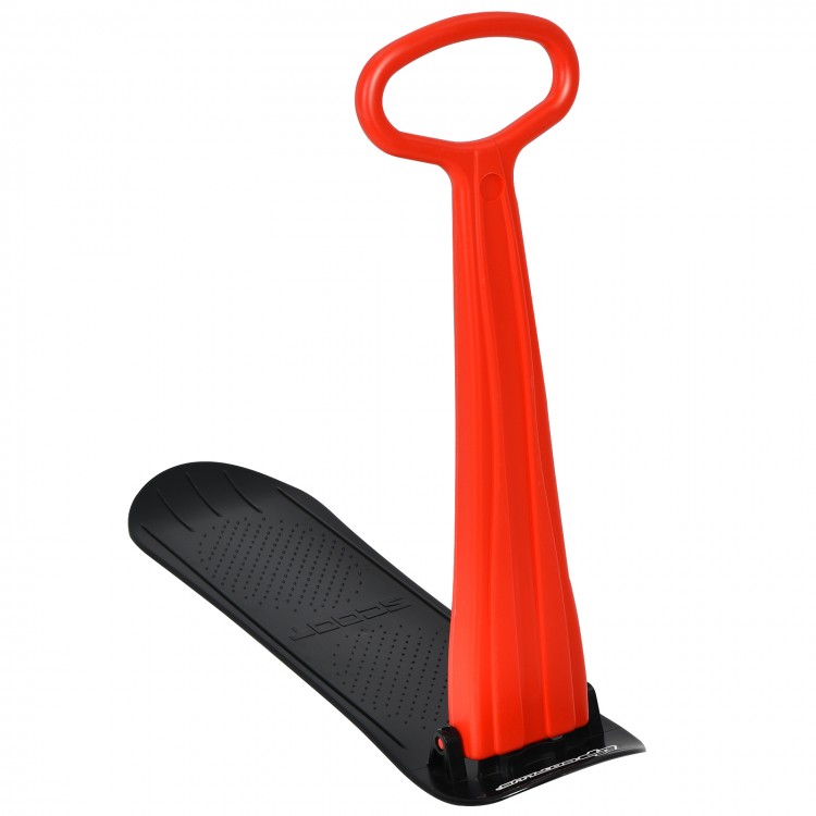 Red 1-rider snow scooter with ergonomic grip handle and slick grooved bottom, ideal for winter fun on slopes and flat.