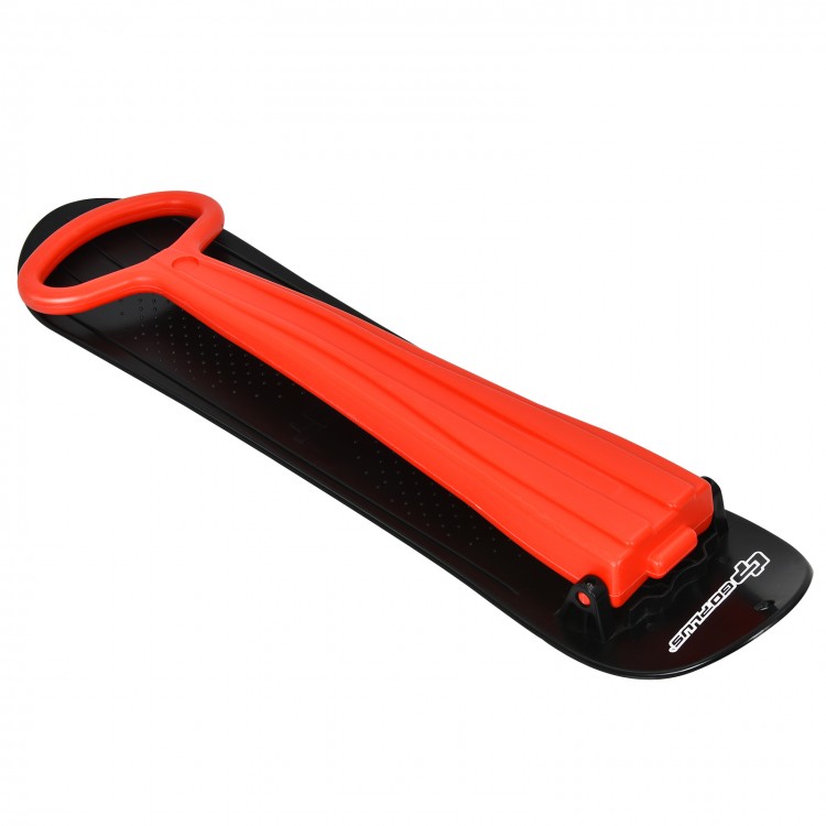 1-rider snow scooter in red with grip handle, designed for ages 5+, featuring a slick bottom for speed and balance.