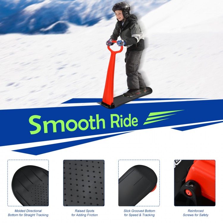 1-Rider snow scooter in red with grip handle, featuring molded bottom for tracking and raised spots for foot friction.