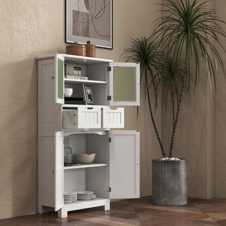 Freestanding white bathroom cabinet with 2 open shelves and adjustable shelves, ideal for versatile home storage.