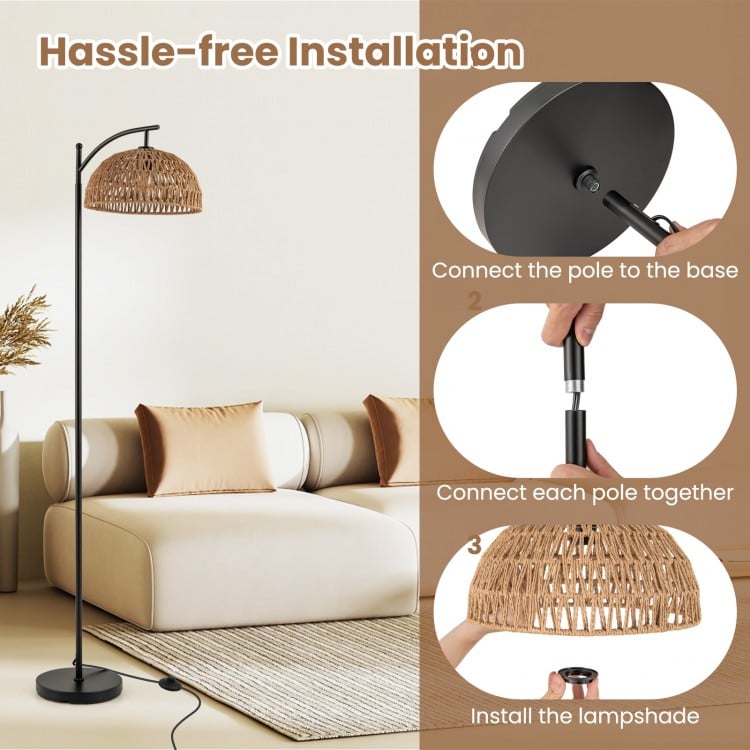 Arc floor lamp with a black pole and woven lampshade, showcasing hassle-free installation in a cozy living room setting.