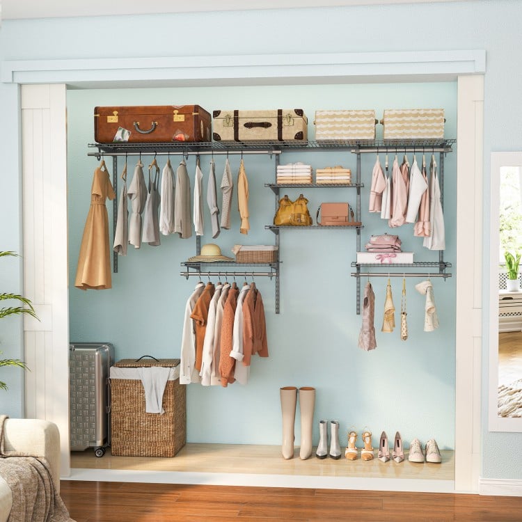 Closet organizer system with 7 shelves and 5 hanging rods, grey metal design for versatile storage in bedrooms or.
