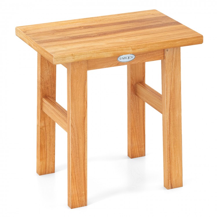 Teak shower bench with solid construction, water-resistant finish, and compact design for versatile indoor or outdoor.