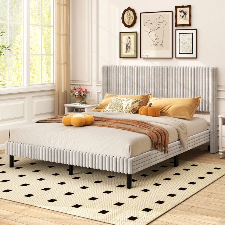 Queen size velvet bed frame with vertical channel tufted headboard in white, featuring plush upholstery and modern.