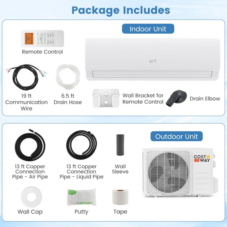 Indoor and outdoor units of the Energy-Efficient 23000 BTU Mini Split AC/Heater with remote control and installation.