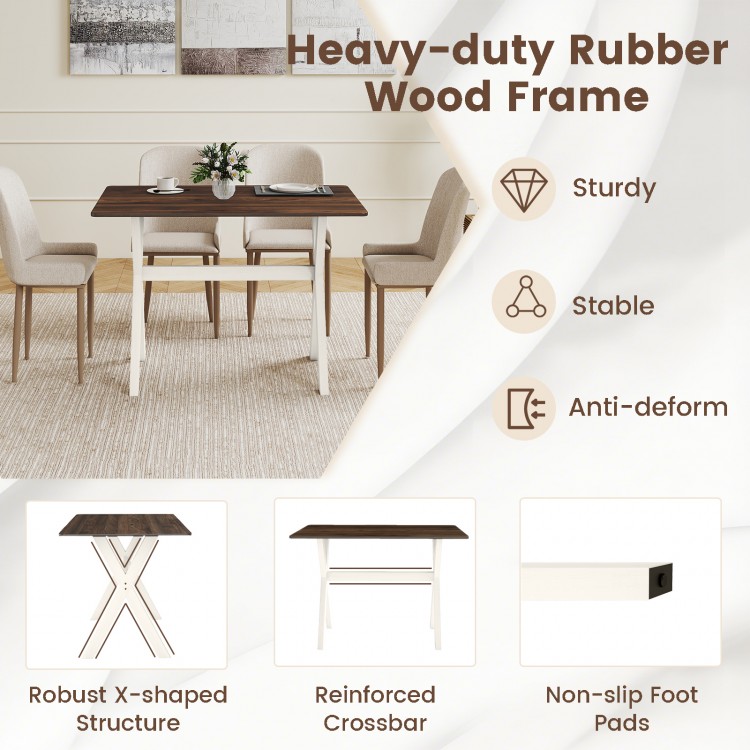 Modern dining table with spacious wood grain surface, sturdy rubber wood frame, and X-shaped structure for stability.