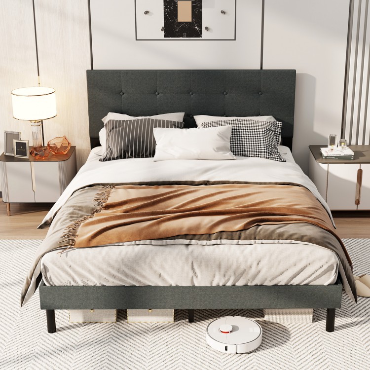 Queen size upholstered bed frame in dark gray featuring a stylish tufted headboard and premium linen fabric for comfort.