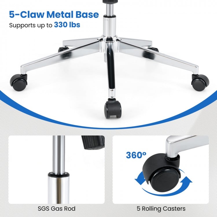 5-claw metal base with rolling casters for ergonomic leather office chair, supports up to 330 lbs, adjustable height.