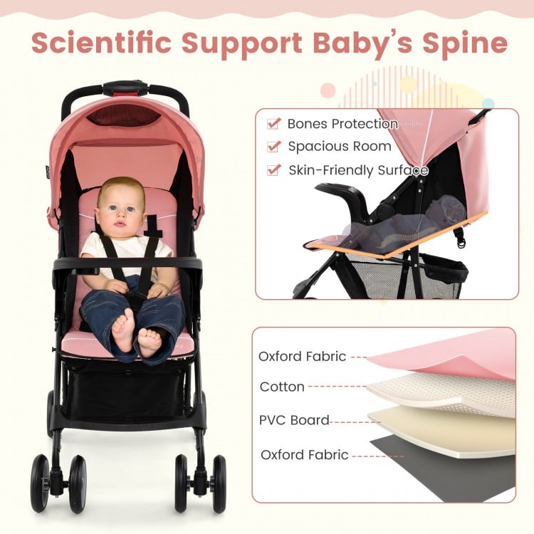 Toddler travel stroller in pink with adjustable backrest, 5-point harness, and breathable canopy for airplane use.