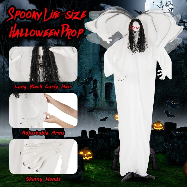 Life-size 6.6 feet Halloween animatronic angel with light-up eyes, poseable arms, and flapping wings for spooky decor.
