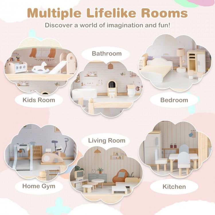 Wooden dollhouse with multiple rooms and 33 furniture accessories, designed for interactive pretend play for kids.