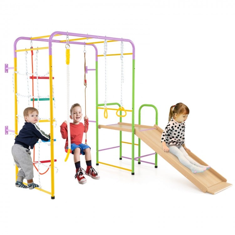 Multicolor metal indoor jungle gym with swings, slide, and monkey bars for kids over 3 years, promoting motor skills.