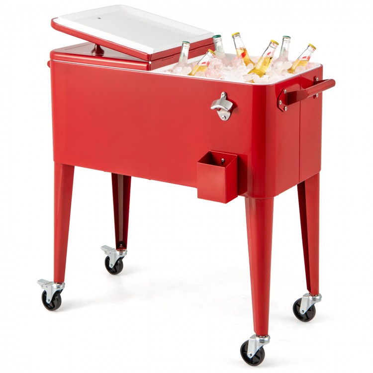 Red portable outdoor patio cooler cart with 80 Quart capacity, refrigeration insulation, and four wheels for easy.