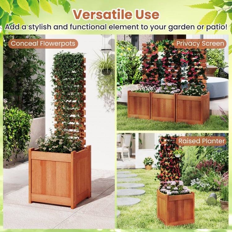 Outdoor wooden raised garden bed with trellis, designed for plants and flowers, perfect for garden or patio use.