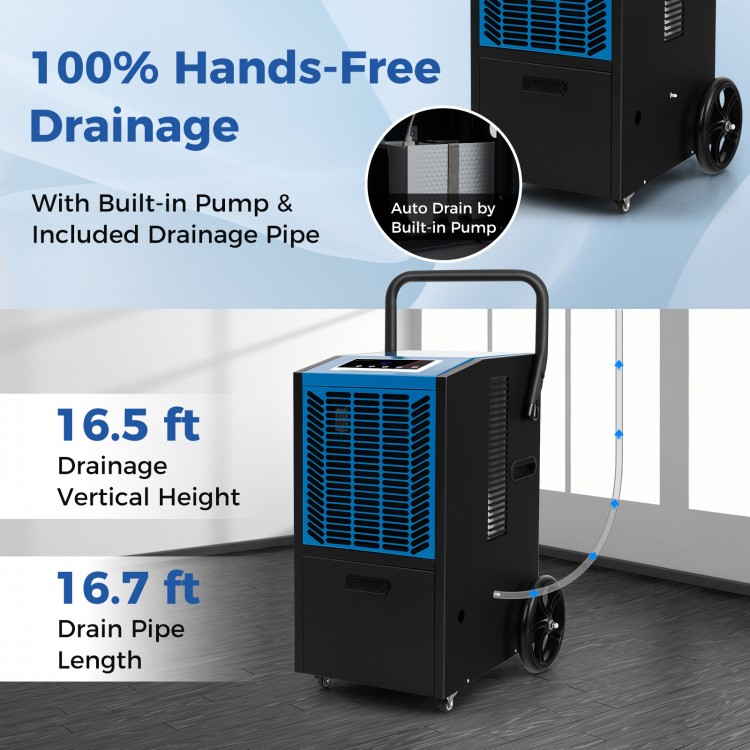High-capacity commercial dehumidifier with built-in pump for hands-free drainage, ideal for large spaces up to 4,500.