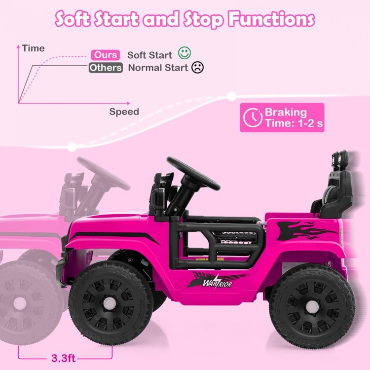 Pink 12V kids ride-on truck with soft start functions, steering wheel, and safety features for secure driving.