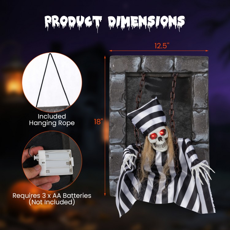 Hanging skull prisoner decoration with chains, 18 inches tall, features LED eyes and sound effects for Halloween scares.