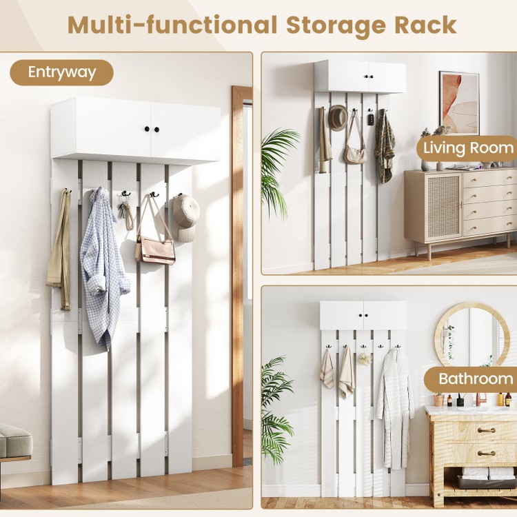 White wall-mounted coat rack featuring a storage cabinet and five metal hooks, ideal for entryways and living spaces.