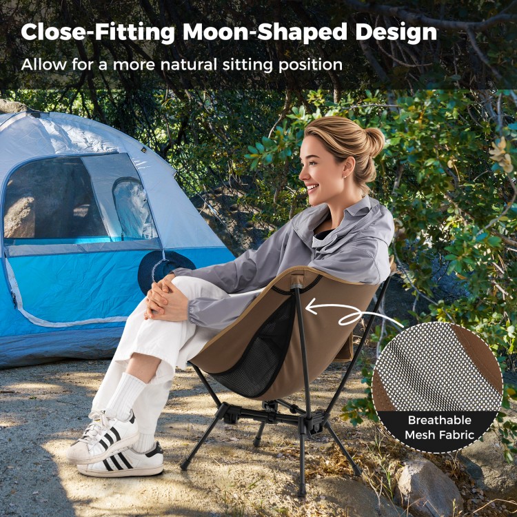 Portable camping chair in coffee color with breathable mesh fabric, featuring a close-fitting moon-shaped design for.
