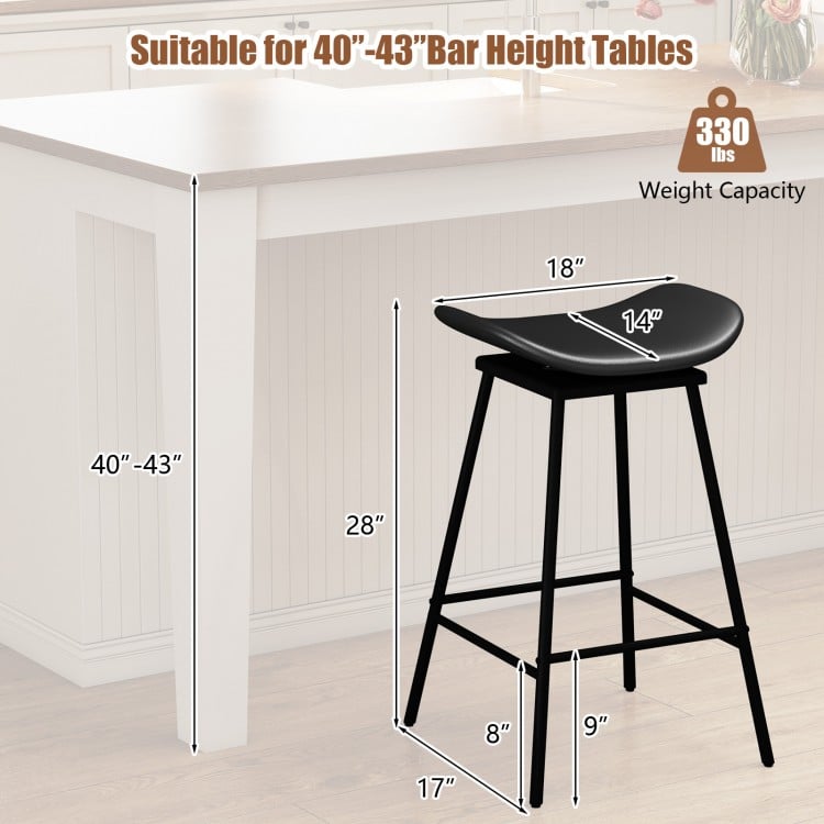 Backless black swivel barstool with faux leather seat, 28" height, suitable for 40"-43" bar tables, 330 lbs capacity.