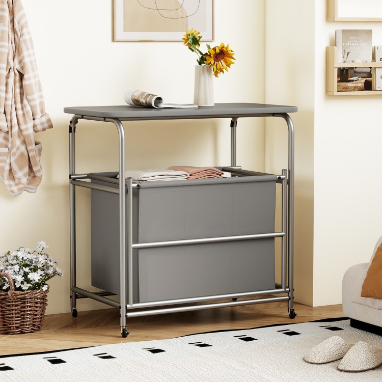 3-section gray laundry sorter with foldable ironing board and lockable wheels for organized clothing sorting.