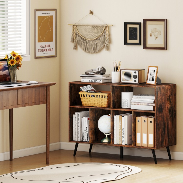 Rustic brown record player stand with open shelves, featuring AC outlets and USB ports for convenient charging.