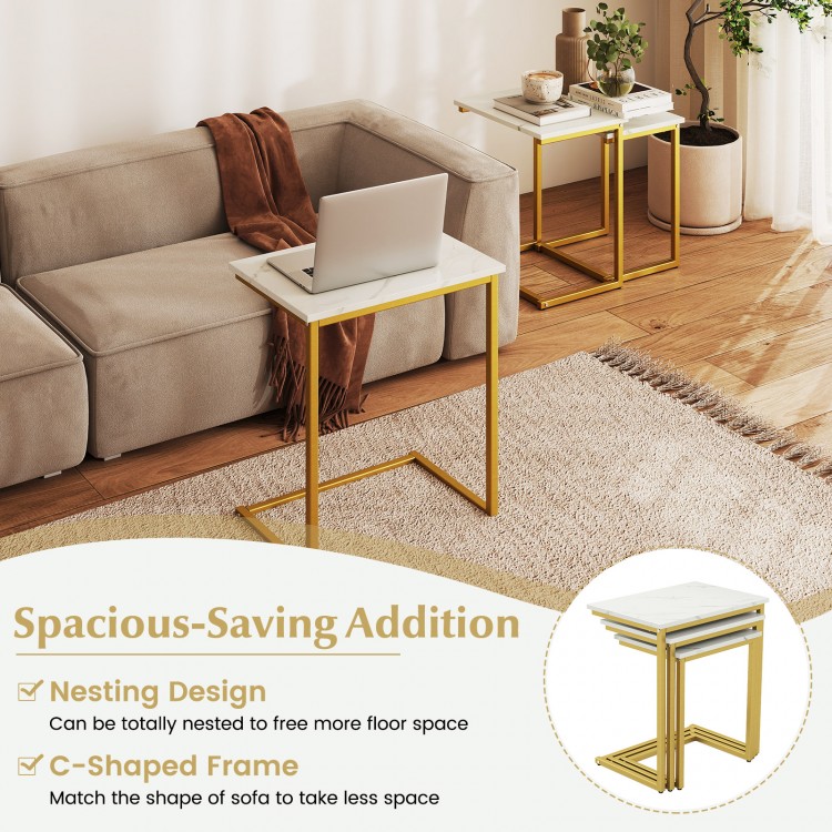 C-shaped white side table from a 3-piece set, featuring a smooth surface and stackable design for space-saving.