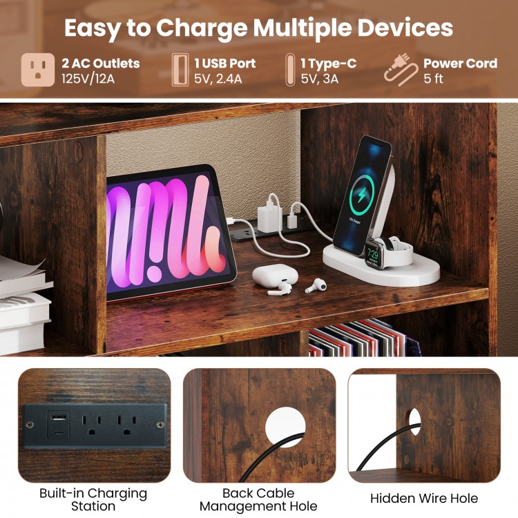 Record player stand in rustic brown with built-in charging station, open shelves, and cable management for organized.