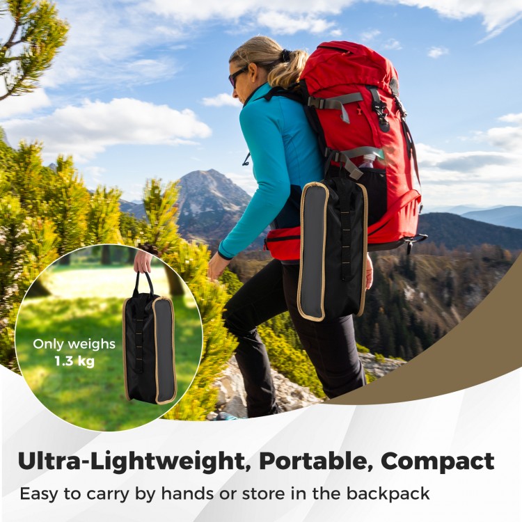 Portable camping chair in a compact carrying bag, made of 7075 aluminum alloy, ideal for hiking and travel.