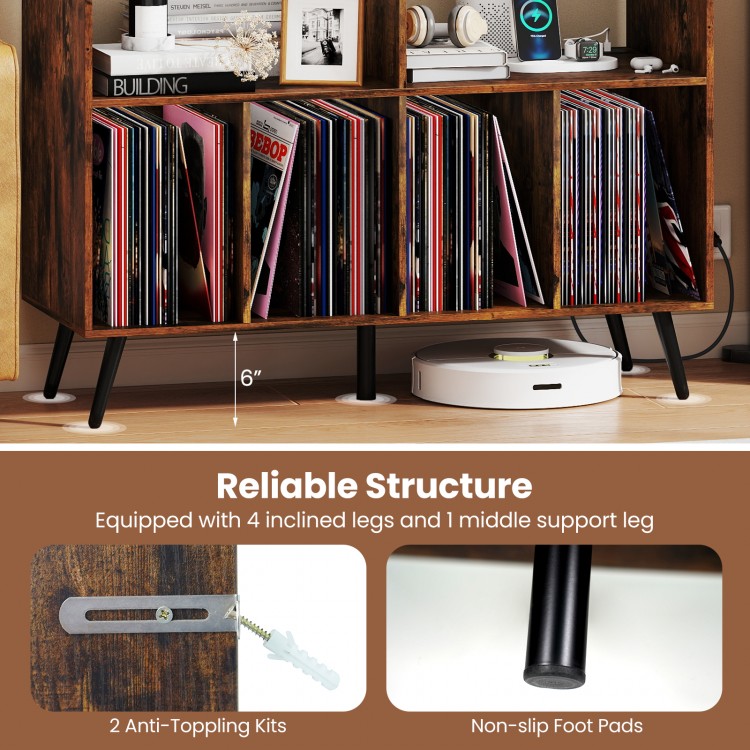 Record player stand in rustic brown with open shelves, 4 inclined legs, and charging station for elegant storage.