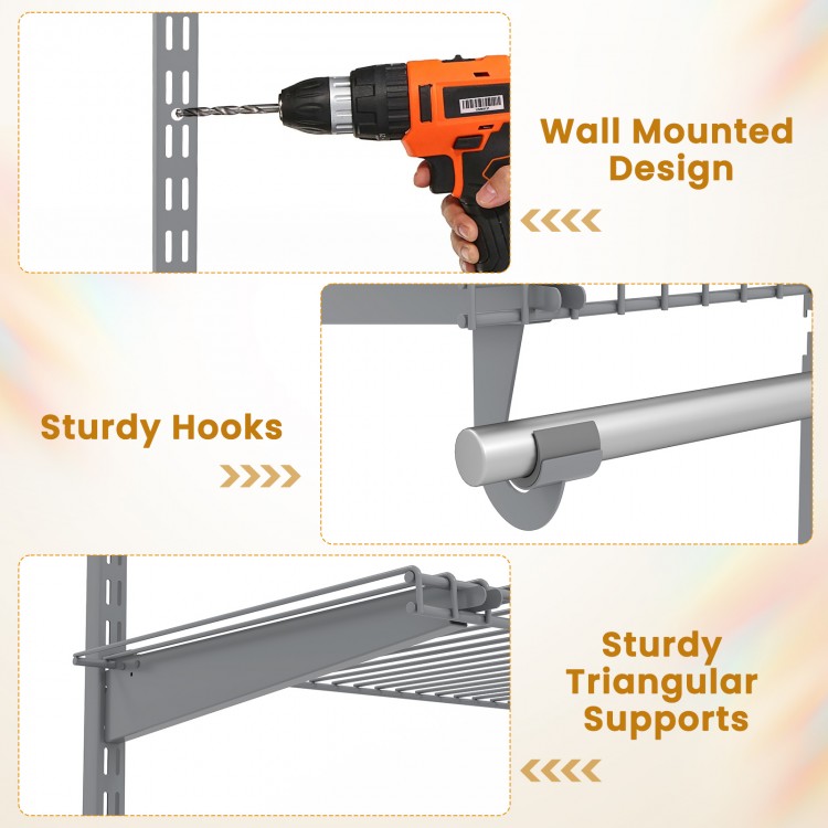 Sturdy triangular supports and hooks of the grey wall-mounted closet organizer for versatile storage solutions.