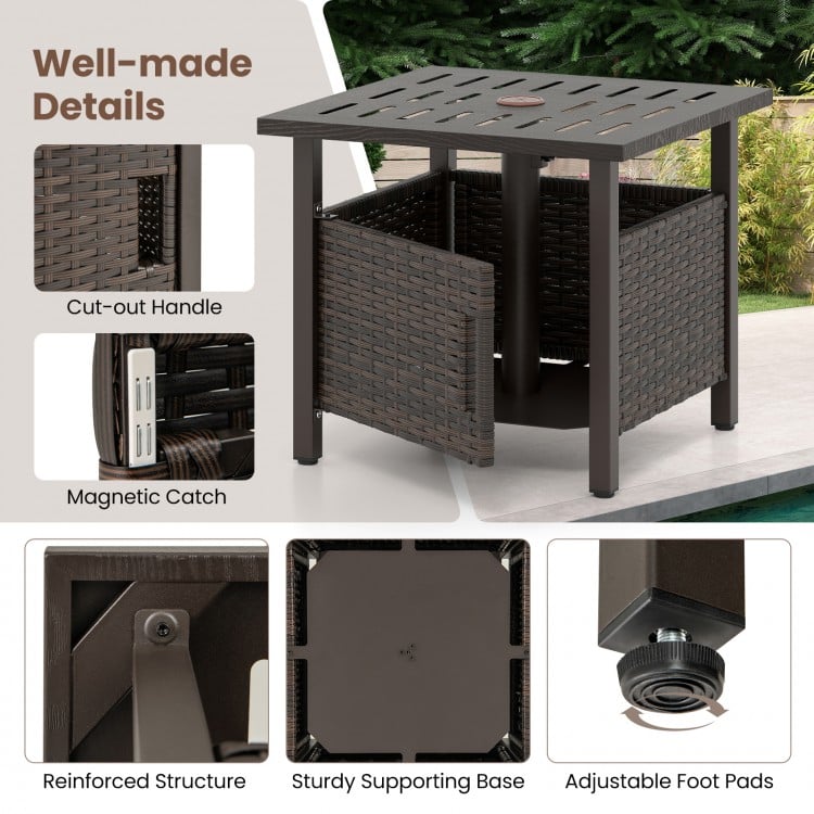 Outdoor side table with a 1.93" umbrella hole, made of weather-resistant PE wicker, ideal for patio or garden use.